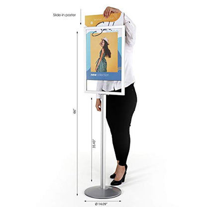 M&T Displays Sign Holder Stand, Silver 22x28 Inch Poster Frame Double Sided Slide-In Aluminum Easy Loading Floor Standing Pedestal Advertisement Post Commercial Menu Holder Round Heavyweight Base