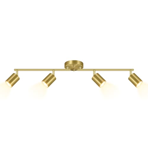 BoostArea Gold LED 4 Light Track Lighting Kit, 4 Way Ceiling Spot Lighting, Flexibly Rotatable Light Head for Kitchen, Living Room, Bedroom, Bulb Not Included - color: Gold