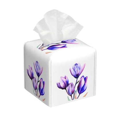 Purple Flower Tulip Square Tissue Boxes Holder 5.2"x5.2"x5.2" for Home Car - color: Purple Flower Tulip