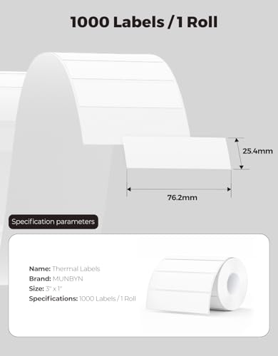 MUNBYN 3x1 Thermal Labels, 1000 Sheets/1 Roll, White - color: White, size: 3x1"