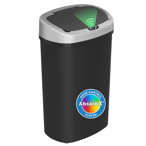 iTouchless 13 Gallon Oval Sensor Kitchen Trash Can with Odor Filter System, Durable Dent-Proof Automatic Lid Garbage Bin, Great Waste Bin for Home, Office, Business, Slim Space-Saving, Black Plastic - color: Solid Black 13 Gal Sensor Plastic