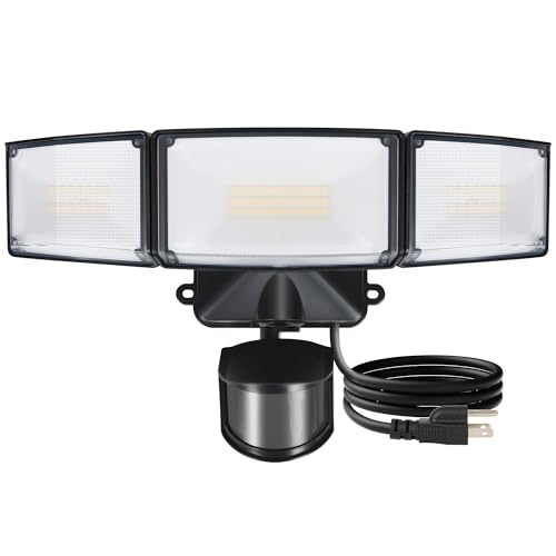 LUTEC 50W Motion Sensor Outdoor Lights, 5500 LM Plug in Flood Light Outdoor, Dusk to Dawn, IP65 Waterproof Security Lighting, 5000K Daylight, Adjustable Wall-Mounted for Garage, Yard, Porch (Black) - color: Black with plug, size: 1 Pack