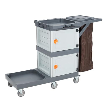 Janitorial Cart on Wheels, Cleaning Carts with 2 Cabinet, Cover, 3 Shelves and Bag, Multifunctional Home Commercial Utility Cart for Housekeeping, School Hotel Business