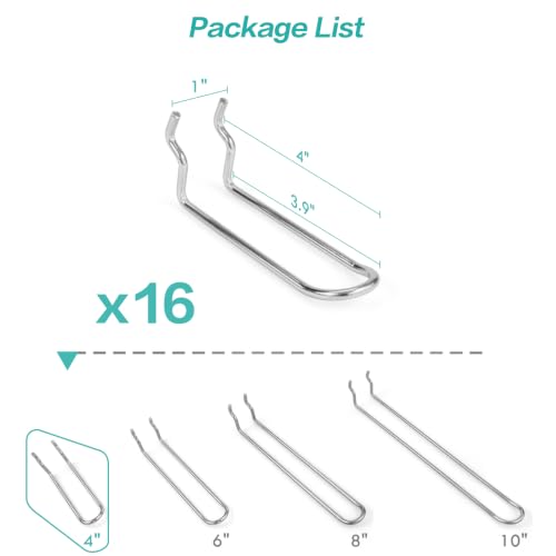 Pegboard Dual-arm Hooks 16pcs Heavy Duty Tool Hanging Holders (Silver, 4") - color: Silver, size: 4 Inch