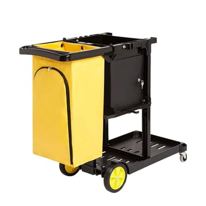 Heavy Duty Janitorial Cart with Key-Locking Cabinet – Commercial Housekeeping & Facility Maintenance Cleaning Cart, Polypropylene Black, 48.6″ D × 21.6″ W × 38.5″ H, Wheels