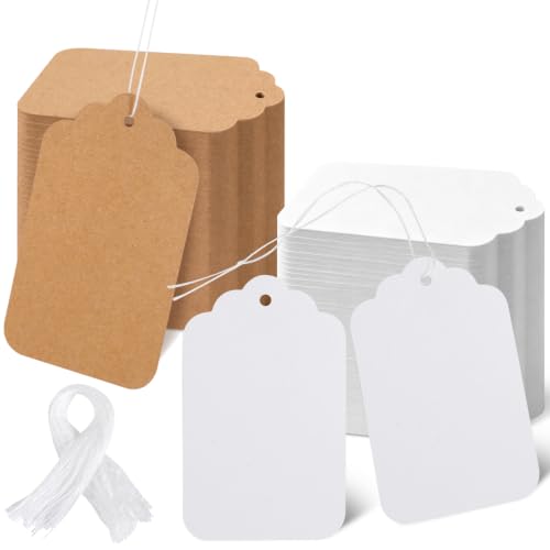 300PCS Gift Tags with String, 1.7 x2.9 inch Blank Price Tags, Writable Kraft Paper Hang Tag for Clothing, Weddings, Parties, Gifts, DIY Crafts (Brown and White)