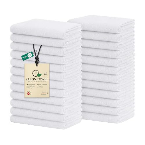 Salon Towels – Pack of 24 (16"x27") 100% Cotton Ring Spun – Ultra Soft, Highly Absorbent Hand Towels – Bulk for Spa, Gym & Salon (White, Salon Towels – Pack of 24 (16"x27") - color: White