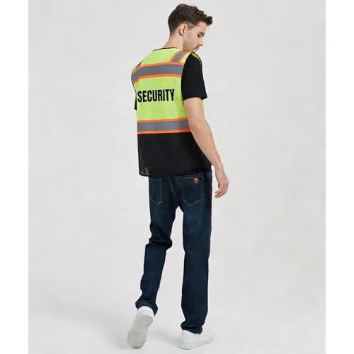 BeautyWill Custom LOGO Safety Vests Reflective Vest Class 2 ANSI with Pockets Zipper High Visibility Construction Uniform - color: 029-yellowblack-security, size: Small