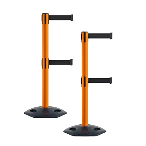 Montour Line MSR630D Set of 2 Retractable Belt Barrier Stanchion, Heavy-Duty Rubber Base, Orange Post (7.5 ft Black Dual Belt) - color: Black, size: 7.5 ft