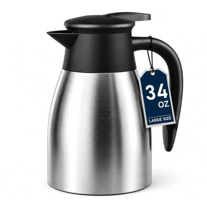 Thermal Coffee Carafe for Keeping Hot – 34OZ Insulated Small Coffee Pot - color: Stainless Steel, size: 34 Ounces