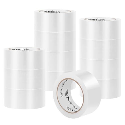 Amazon Basics Strong Plastic Adhesive Packing Tape for Shipping, Sealing Boxes, Moving and Storage, Clear, Low Odor, 1.88 in x 54.6 yds, 12-Pack - size: 1.88 inches x 54.6 yards, style: 12-Pack