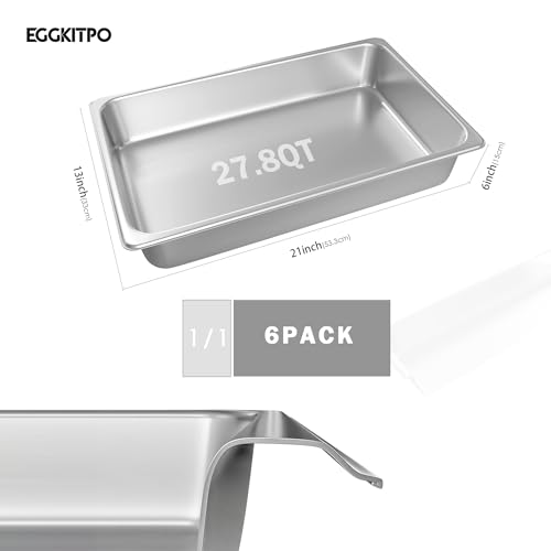 EGGKITPO Stainless Steel Pan 6-Pack 6 Inch Deep Full Size Pans Catering Storage Metal Food Pan commercial Steamer pan food Catering Trays for Hotel Steam Table Tray for Food Warmer - size: 1/1 6" deep without lid