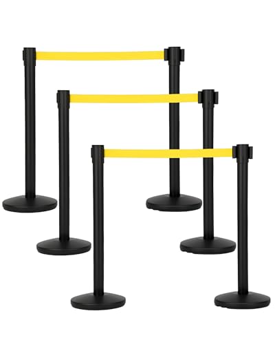 6-Pack Crowd Control Barrier, Metal Stanchion Posts with 6.6ft / 2m Retractable Belts & Metal Base, Commercial Line Dividers for Stores, Airport Lines and Event Entry (Yellow Rope) - size: 6-Pack