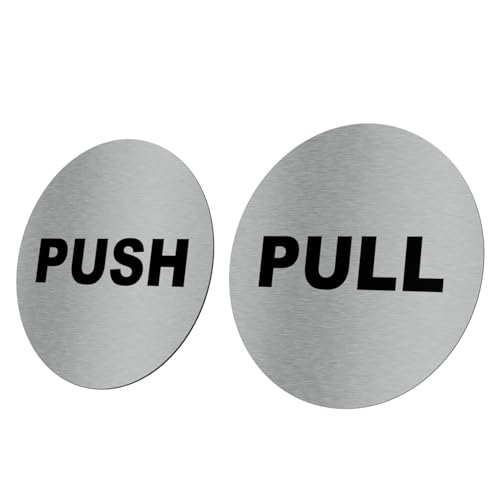 Metallic Silver Push Pull Door Signs - UV Printed Self-Adhesive Aluminium - Various Sizes - Interior/Exterior Directional Signage for Businesses, Offices, Shops - Easy Peel & Stick Installation (Medium)