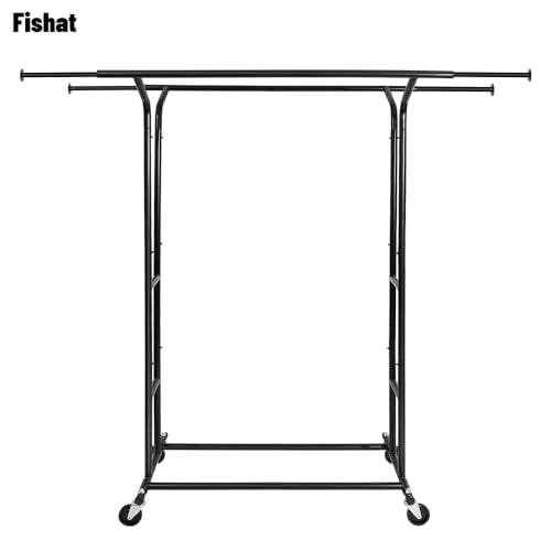 Fishat Black 60" H Heavy Duty Double Rod Rolling Clothes Garment Rack - color: Black