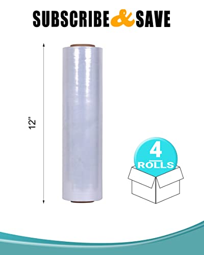 APQ 4 Rolls of Blown Hand Stretch Film 12" x 1500'. Clear Hand Stretch Wrap, 80 Gauge. Tear Resistant Residue Free Film for Moving, Shipping, Wrapping. Industrial Grade Pallet Shrink Wrap Film. - size: 12" x 1500'