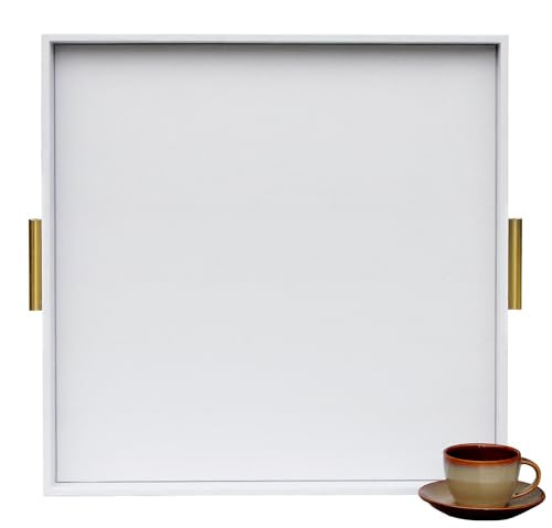 HofferRuffer Extra Large Square Serving Tray, Elegant Faux Leather Ottoman Tray with Gold Hardware Handles, Serve Tea, Coffee or Breakfast in Bed, 24 x 24 inches (White Shagreen) - color: White Shagreen, size: 24" x 24" x 2"