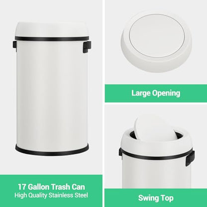 Jojoka 17 Gallon/65L Round Open Top Trash Can, Commercial Stainless Steel Garbage Bin, Heavy Duty Fingerprint & Rust Resistant Waste Container for Kitchen, Office, Restaurant,Flip-Top Trash Can,White - color: White swing lid