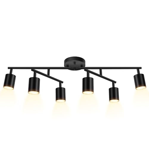 BoostArea 6 Light Track Lighting Kit, Black 6 Way Ceiling Spot Lighting, Center Swivel Track Light Heads, Flexibly Rotatable Light Head for Kitchen, Living Room, Bedroom, GU10 Bulb Not Included - color: Rotatable-6 Light-black