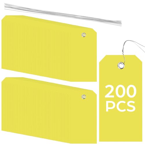200 Pack Yellow Plastic Shipping Tags with Wire Ties, 4.72 x 2.36 inches Heavy Duty Industrial Hang Tags, Blank Identification Labels for Warehouse, Inventory & Outdoor Equipment (Yellow) - color: Yellow