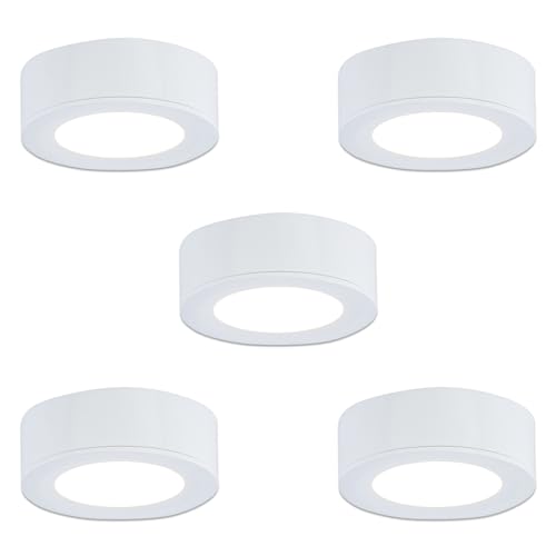 LUMILAND Wired LED Puck Lights 120V (2.7Wx5) Plug-in Lighting Warm White, LED Cabinet Light for Kitchen Can Be Surface Mount or Recess Mount, White - color: White-5 Pack, size: 3000K