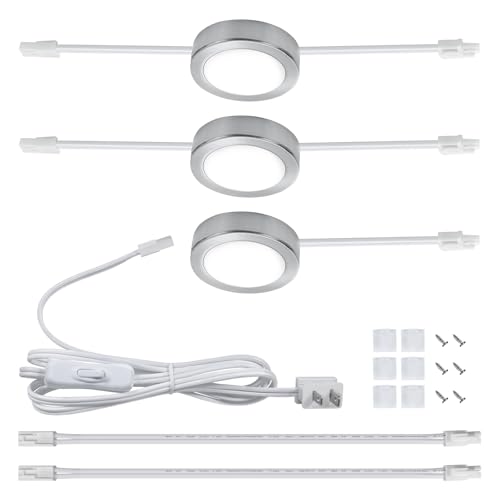 LUMILAND Wired LED Puck Lights 120V (2.7Wx3) Plug-in Lighting Warm White, LED Cabinet Light for Kitchen Can Be Surface Mount or Recess Mount, Satin Nickle - color: Satin Nickle, size: 3000K