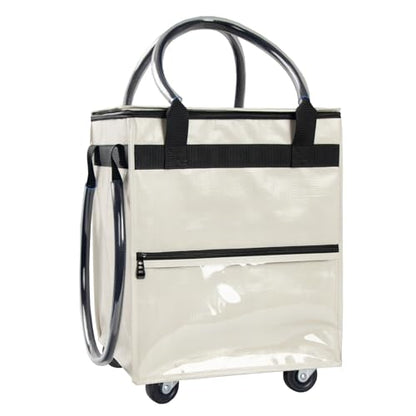 Small Beige Reusable Grocery Bag on Wheels, Folding Rolling Tote - color: Beige, size: Small