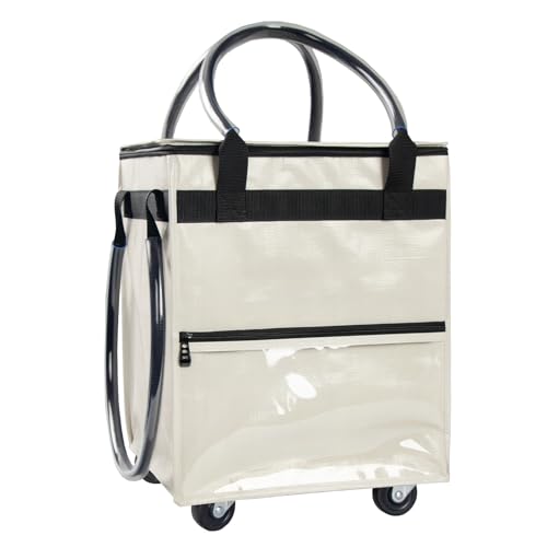 Small Beige Reusable Grocery Bag on Wheels, Folding Rolling Tote - color: Beige, size: Small