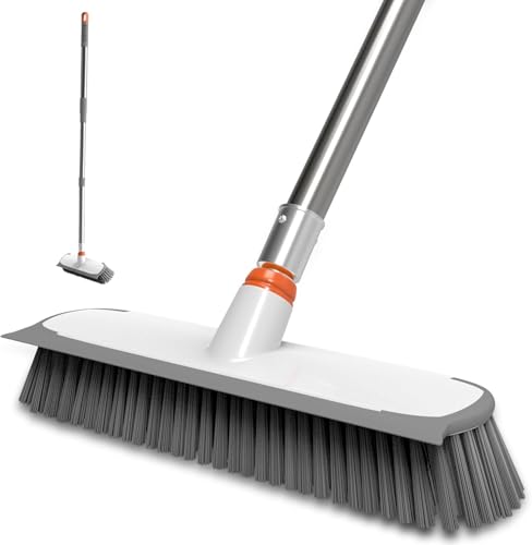 ITTAR Floor Scrub Brush with Long Handle, 12" Wide 2-in-1 Deck Brush and Squeegee with 55" Stainless Steel Pole, Heavy-Duty Stiff Bristles for Shower, Tile, Garage, Patio & Kitchen-Orange - color: Orange