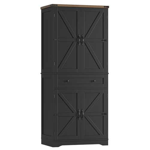 HOSTACK 71" Kitchen Pantry Storage Cabinet, Farmhouse Pantry Cabinet, Black - color: Black