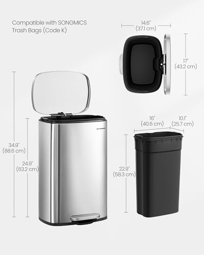 SONGMICS 13 Gallon (50 L) Trash Can, Stainless Steel, Step-On Pedal - color: Silver, size: 13 Gal.