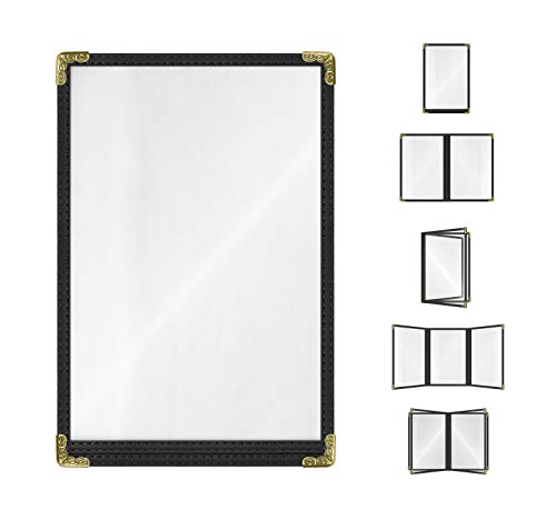 Goodsmart Restaurant Menu Covers – 25 Pack Black 2-View, Top-Loading Menu Holders, Vinyl & Plastic Café Menu Covers, Clear Menu Sleeves, Fits 5.5" x 8.5", Leather-Style Design, Gold Corners - color: Black, size: 1 Page / 2 Views - 5.5" x 8.5"