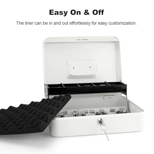Cash Box with Key Lock & Foam Auto-Pop Coin Tray – Secure Steel Money Box with 4 Upgraded Finger-Safe Bill Clips, Premium Smooth Scratch-Resistant Coating, 11.8"L x 9.5"W x 3.5"H, KL White - color: KL White