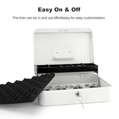 Cash Box with Key Lock & Foam Auto-Pop Coin Tray – Secure Steel Money Box with 4 Upgraded Finger-Safe Bill Clips, Premium Smooth Scratch-Resistant Coating, 11.8"L x 9.5"W x 3.5"H, KL White - color: KL White