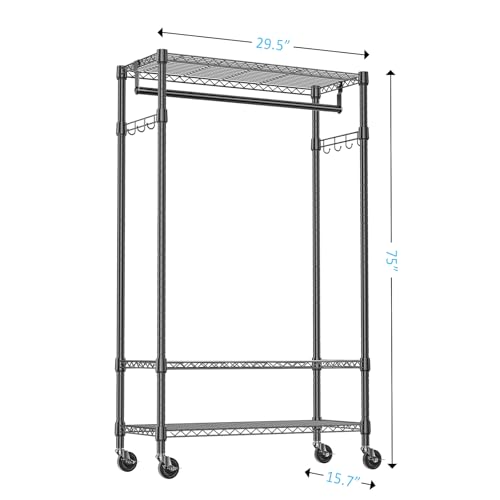 IZEUK Heavy Duty Rolling Garment Rack Wire Clothes Rack for Hanging Clothes (Black, 3 Tier with 2 Rod, 29.5" W x 15.7" D x 75" H) - color: Black, size: 3 Tier with 2 Rods, 15.7"D x 29.5"W x 75"H
