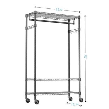 IZEUK Heavy Duty Rolling Garment Rack Wire Clothes Rack for Hanging Clothes (Black, 3 Tier with 2 Rod, 29.5" W x 15.7" D x 75" H) - color: Black, size: 3 Tier with 2 Rods, 15.7"D x 29.5"W x 75"H