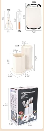 Kitchen Cooking Utensils and Knife Set with Holder Block, 19 Pieces Cooks Cutting Set 11 Pcs Silicone Cooking Utensils Sharp Stainless Steel Knives Scissors Whisk Tongs and Cutting Board (Beige) - color: Beige