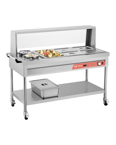VEVOR Commercial Food Warmer, 5 Pans + 2 Pots Electric Steam Table, 1800W Professional Buffet Catering Food Warmer with Shield Undershelf Wheels, Stainless Steel Server for Party Restaurant Hotel - size: 5 Pans + 2 Pots