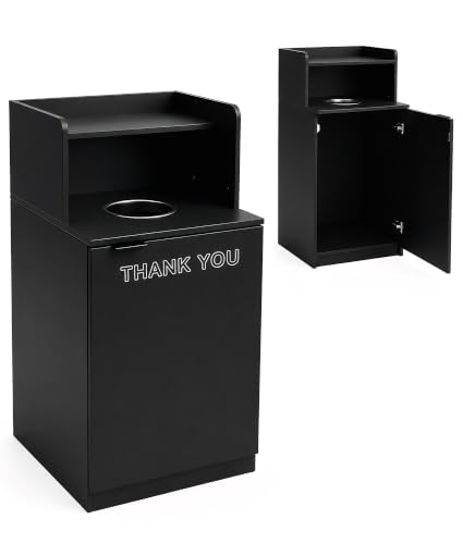 Trash Can Cabinet, Indoor Commercial Waste Holder Cabinet, Wooden Large-Capacity Restaurant Trash Can with Top Tray Structure for Business & Public Areas - color: Black, size: 70 Gal-Round Shape