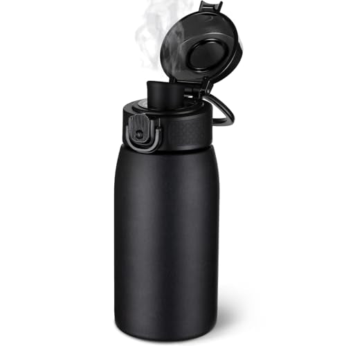 Insulated Water Bottle 12 oz with Dustproof Lid, Carry Handle & Tea Infuser, BPA-Free & Leakproof, Stainless Steel Water Bottles Ideal for Fitness, Hiking, Office & Outdoor Use （Black ） - color: Black, size: 12 Ounces
