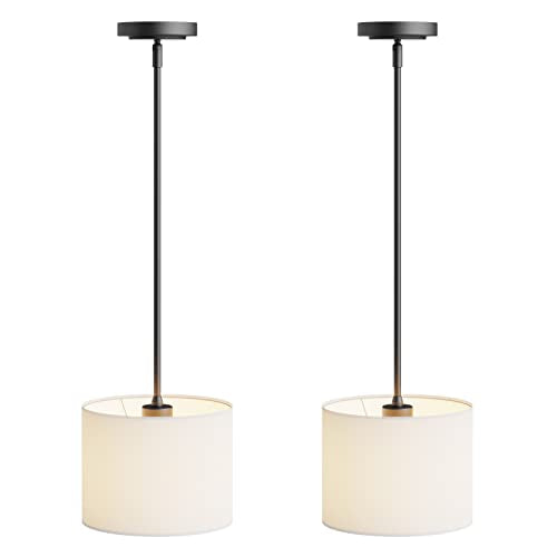 Electro bp;9" Dia White Linen Drum Shade Hanging Pendant Light Fixture with Black Pole Kit,E26,Hardwired,2-Pack; - color: Black 2-Pack Pendant