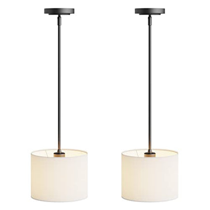 Electro bp;9" Dia White Linen Drum Shade Hanging Pendant Light Fixture with Black Pole Kit,E26,Hardwired,2-Pack; - color: Black 2-Pack Pendant