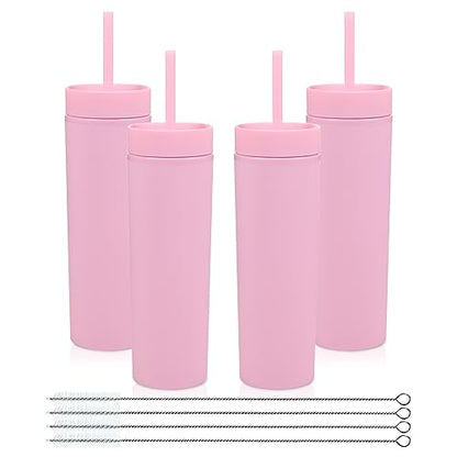 Volhoply 16oz Plastic Skinny Tumbler With Lid and Straw Bulk 4 Pack,Insulated Double Wall BPA Free Matte Acrylic Tumblers,Iced Coffee Travel Mug Reusable Party Cup,Customizable Diy Gifts(Pink,4 Set) - color: Pink