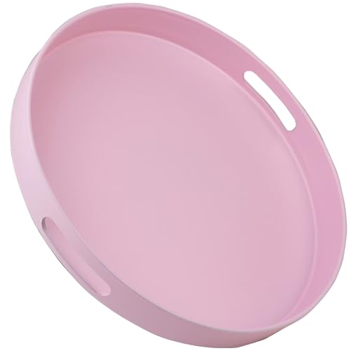 Round Pink Decorative Serving Tray with Handles, 13” Versatile Ottoman Tray for Coffee Table, Entertaining, Outdoor Patio, Living Room - color: Pink, size: 13"