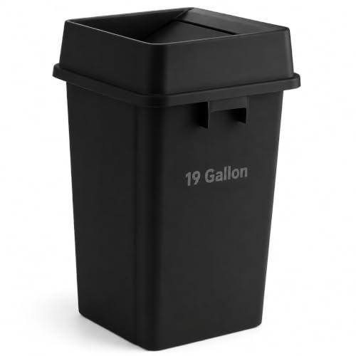 1 Pack Black 19 Gallon Square Commercial Trash Can with Lid, Heavy Duty Plastic Waste Bin with Venting Channels and Built-in Handles - color: Black, size: 19 Gallon