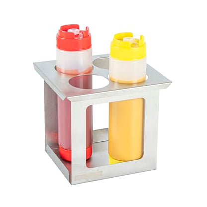 Restaurantware Squeeze Bottle Holder 1 Count 6.30 x 7.01 x 6.26 Inches Stainless Steel Condiment Organizer - Four-Hole Durable Kitchen Rack - Silver Prep Station Organizer - size: Fits 1/6 Size Opening, style: Four Holes, Holder