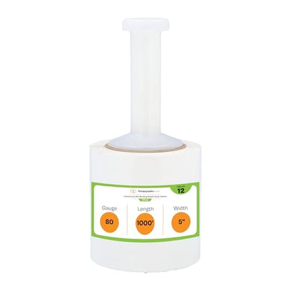 PSBM Dark White Mini Stretch Wrap with Plastic Handle 5" x 1000' 12 Rolls - color: White, size: 5 Inch