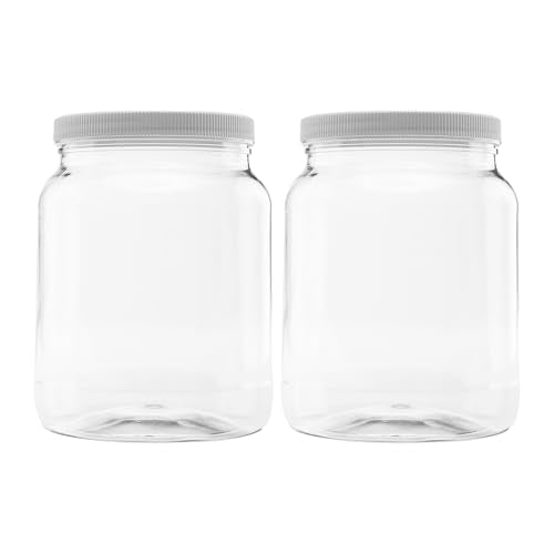 2 Pack - 64 oz (Half Gallon) Plastic Storage Jars with 110-400 Leak Proof White Lid, Food Grade, BPA Free, Hand Wash Only (64oz, 2pk) - size: 2pk - 64oz, White