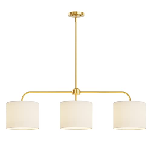 Electro bp 3-Light White Linen Drum Shade Chandelier with Polished Gold Metal Linear Pendant Light Fixture for Kitchen Island, Dining Table, E26, 180W - color: Gold 3-Light Linear