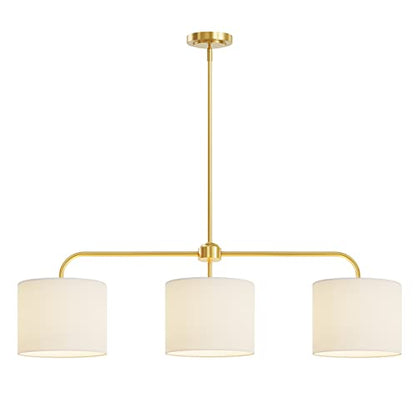 Electro bp 3-Light White Linen Drum Shade Chandelier with Polished Gold Metal Linear Pendant Light Fixture for Kitchen Island, Dining Table, E26, 180W - color: Gold 3-Light Linear